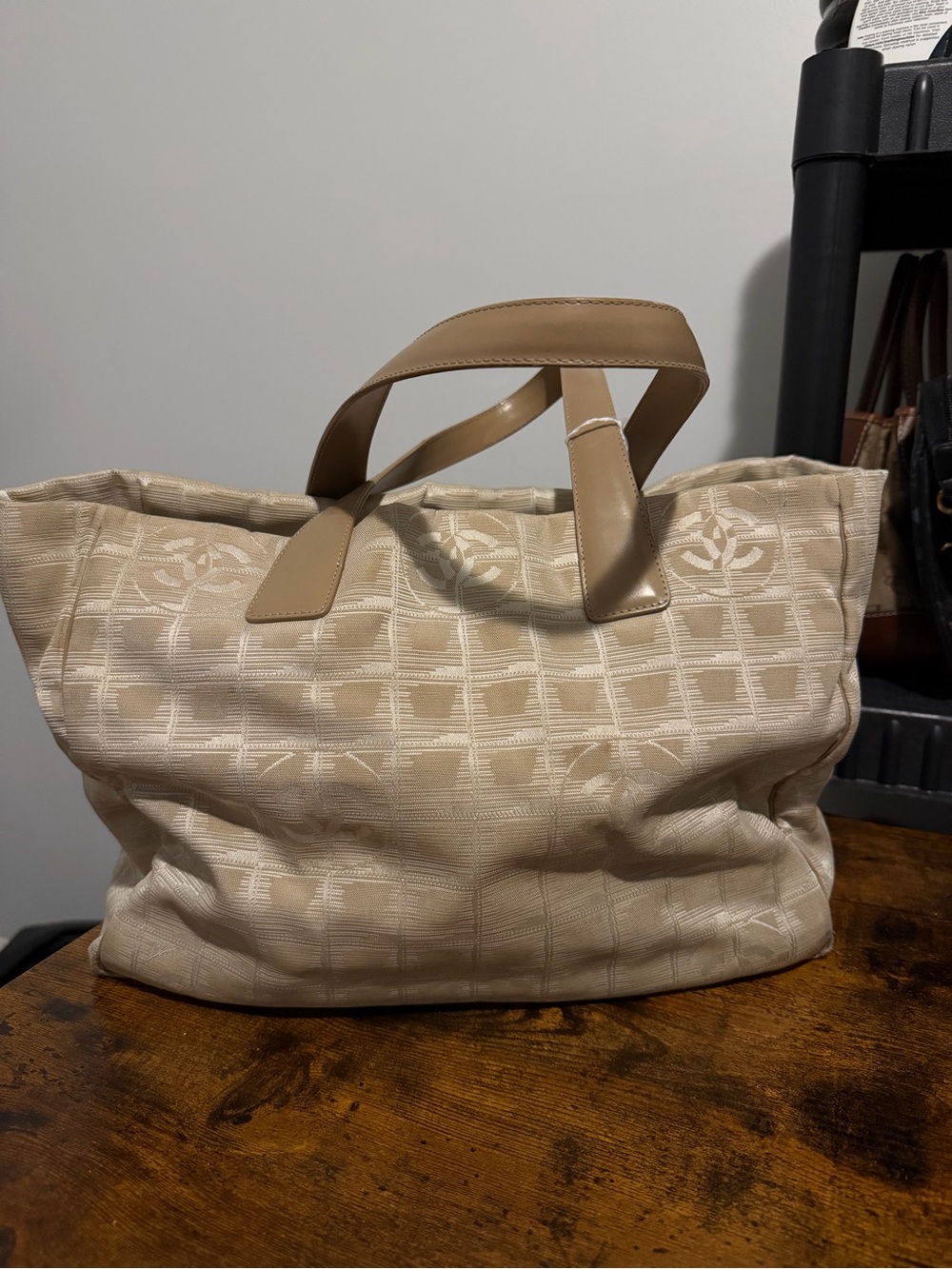 Chanel travel line Beige Logo Jacquard Tote Bag with Leather Handles